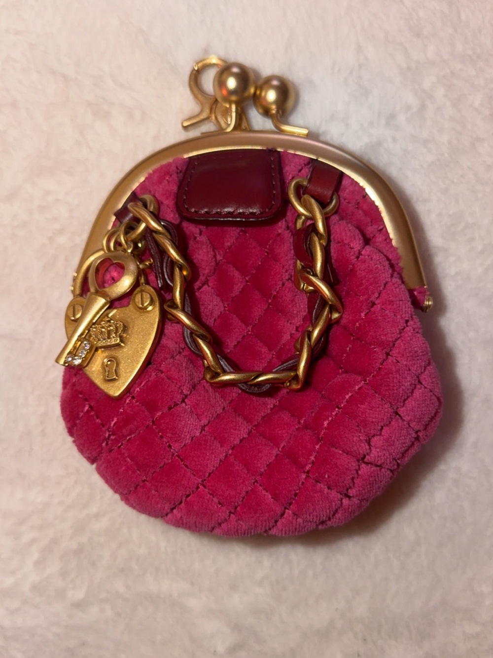 Juicy Couture Hot Pink Quilted Plush Coin Purse with Gold Accents
